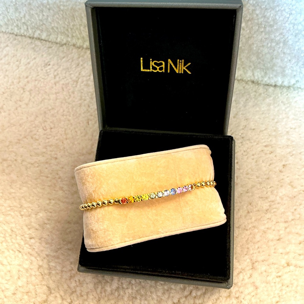 STUNNING DESIGNER LISA NIK 18K GOLD SAPPHIRE BEADED STRETCH BRACELET